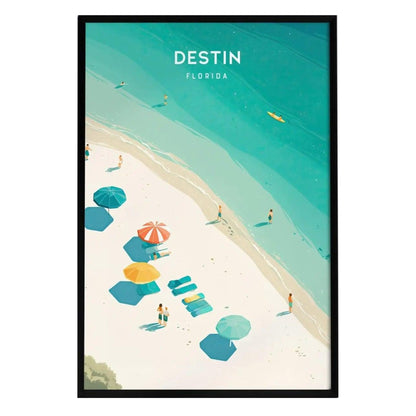 A vibrant illustration of a beach scene in Destin, Florida, featuring soft white sands and clear turquoise waters. Colorful beach umbrellas and lounge chairs are scattered along the shore, with people enjoying the sun and water activities.