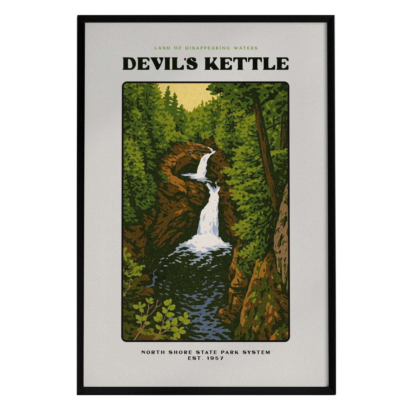 A vintage-style poster featuring the Devils Kettle waterfall, surrounded by lush greenery and trees. The design includes text that reads Devils Kettle and North Shore State Park System, highlighting this natural wonder from Minnesota.
