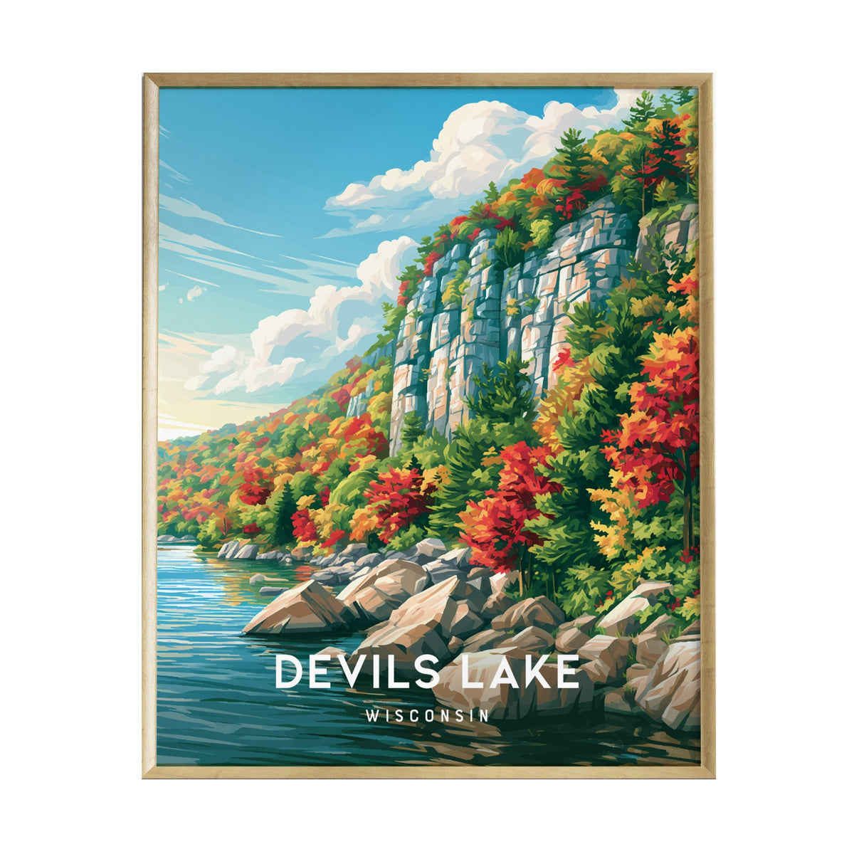 A vibrant illustration of Devils Lake, Wisconsin, featuring towering quartzite bluffs adorned with autumn-colored foliage beside crystal-clear waters.