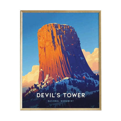 A vibrant illustration of Devils Tower, showcasing its iconic, towering rock formation against a blue sky with orange.