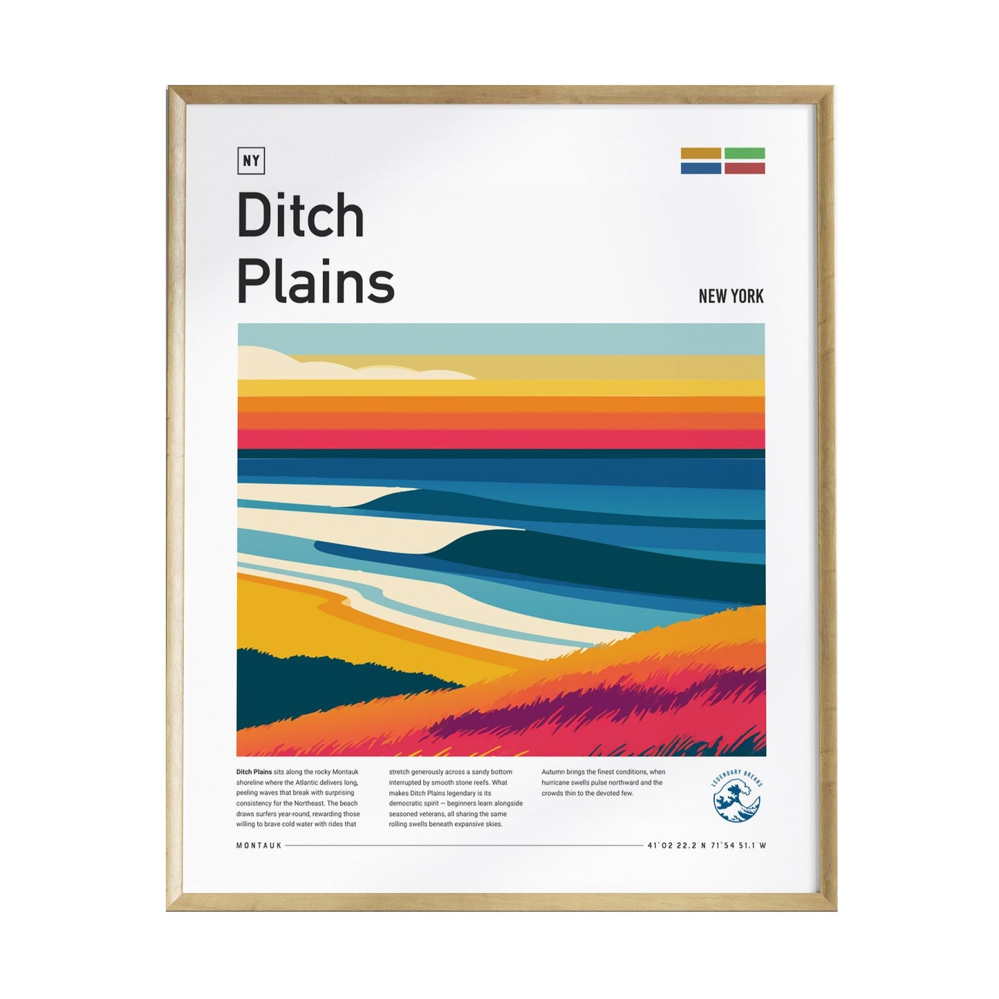 A colorful illustration of Ditch Plains, New York, featuring stylized waves and a vibrant sunset over the ocean.