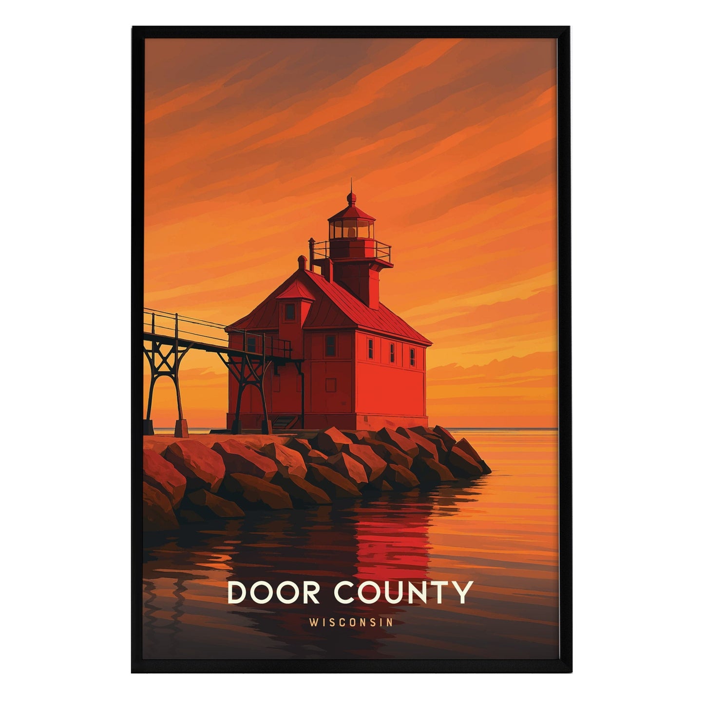 A vibrant poster of a red lighthouse standing on a rocky shore, reflecting in calm waters under a fiery orange and yellow sunset. The text DOOR COUNTY is prominently displayed at the bottom, highlighting the iconic location in Wisconsin.