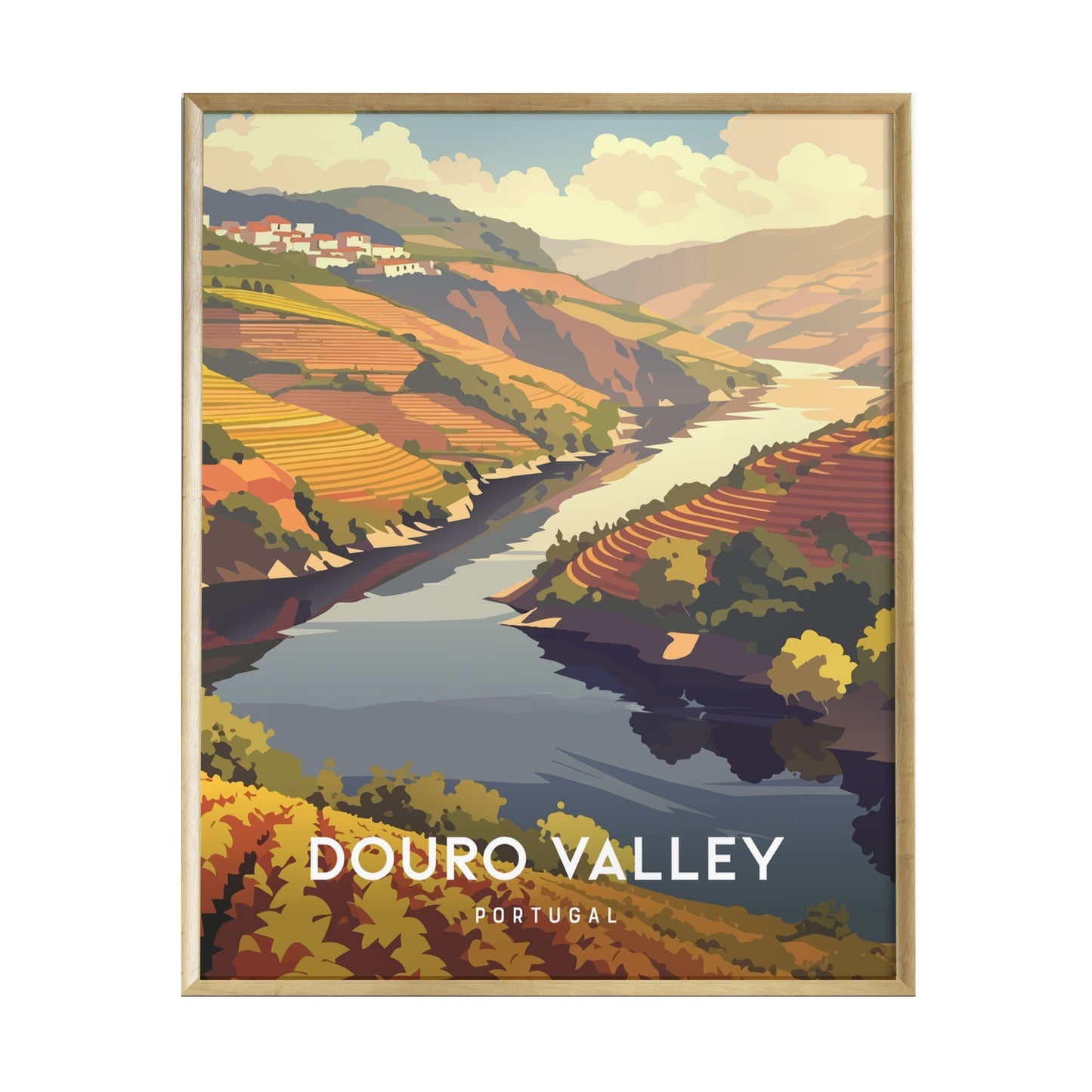 A beautifully illustrated poster of Douro Valley, Portugal, featuring terraced vineyards cascading down hillsides alongside a winding river.