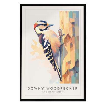 A colorful abstract art print of a Downy Woodpecker perched on a tree trunk, showcasing geometric shapes and warm earth tones. The artwork is framed in black and features the birds name and scientific classification below.