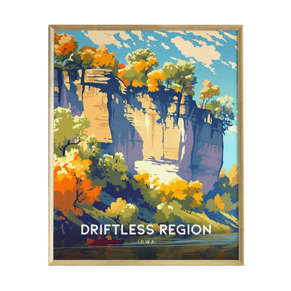 A vibrant illustrated poster of the Driftless Region in Iowa, showcasing towering limestone bluffs adorned with colorful autumn foliage. The serene water reflects the stunning landscape, creating a picturesque fall scene.