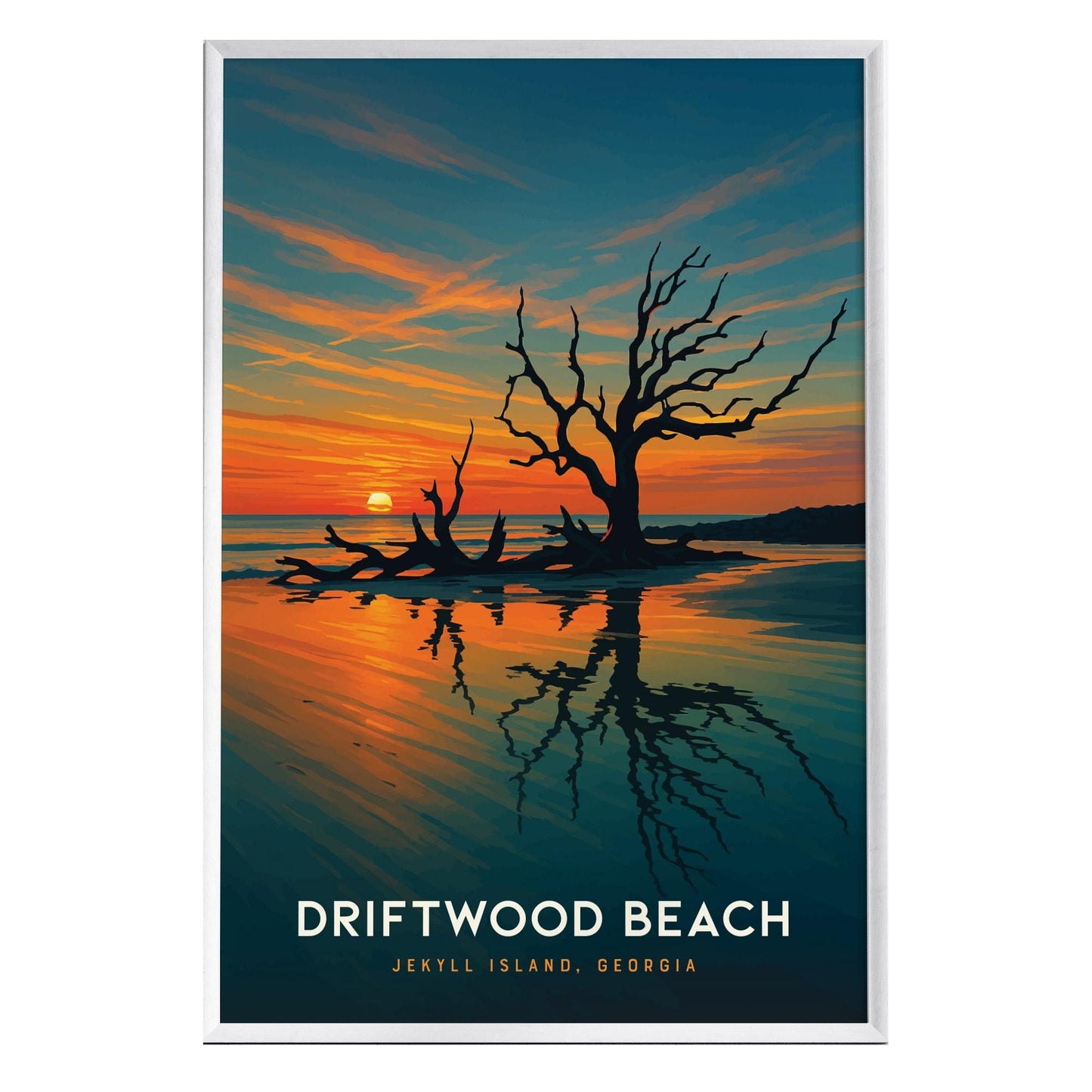 A vibrant sunset casts warm hues over Driftwood Beach in Jekyll Island, Georgia, highlighting a striking, gnarled tree rising from the sand.