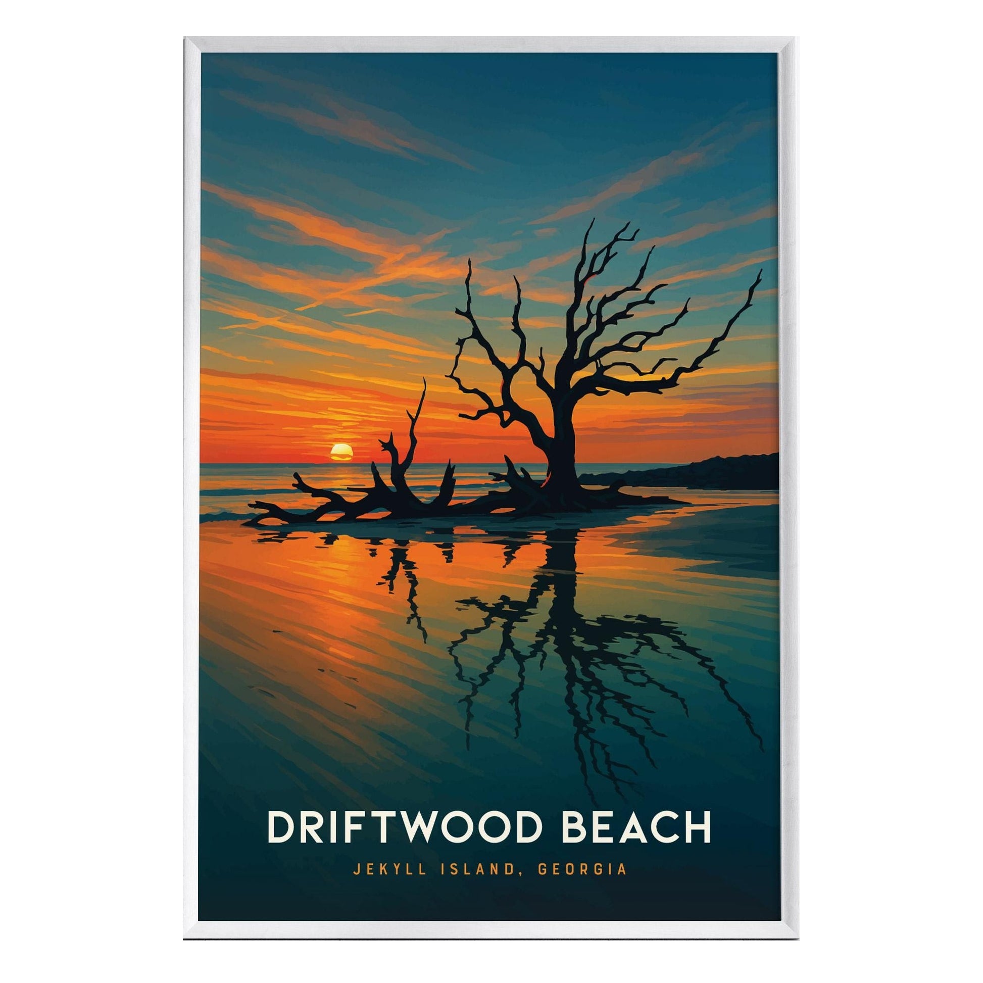 A vibrant sunset casts warm hues over Driftwood Beach in Jekyll Island, Georgia, highlighting a striking, gnarled tree rising from the sand.