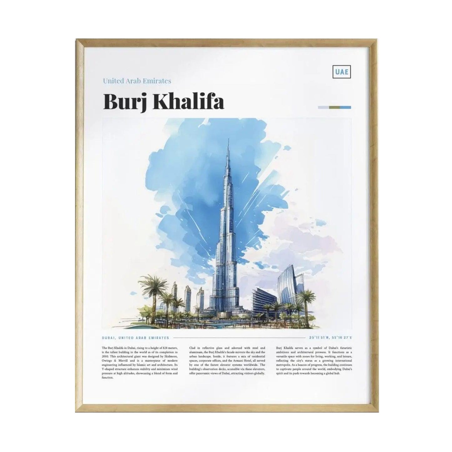 A framed poster features a watercolor illustration of the Burj Khalifa, showcasing its towering height and modern architecture. The design includes palm trees and text indicating its location in Dubai, UAE, highlighting its iconic status.