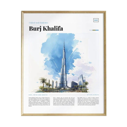 A framed poster features a watercolor illustration of the Burj Khalifa, showcasing its towering height and modern architecture. The design includes palm trees and text indicating its location in Dubai, UAE, highlighting its iconic status.