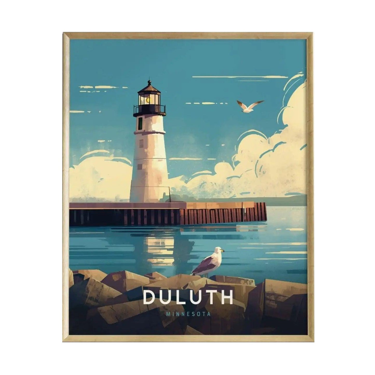 A vibrant illustrated poster of the Duluth Harbor North Pier Lighthouse features a tall white lighthouse with a black lantern atop, surrounded by calm waters and a rocky shoreline.