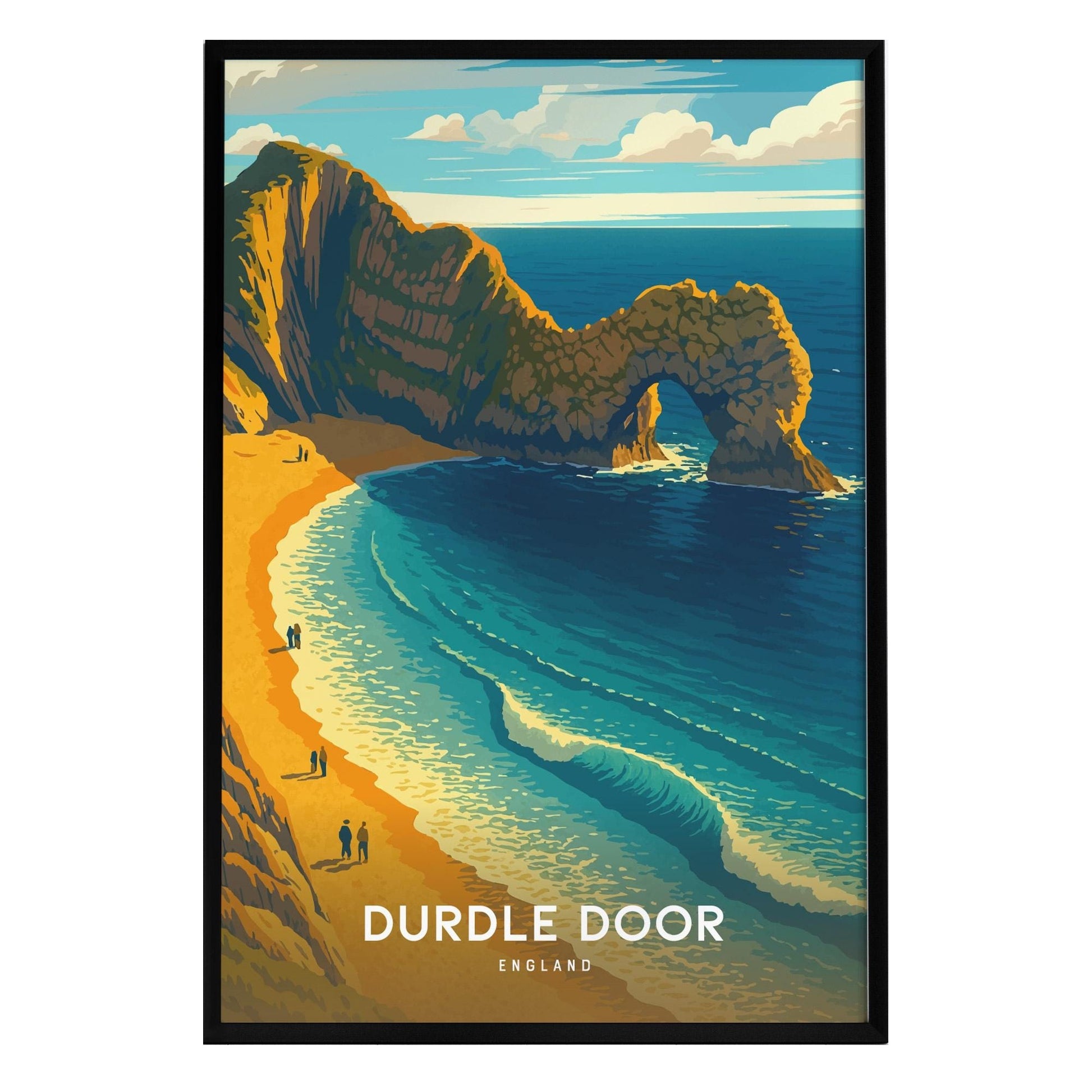 A vibrant illustration of Durdle Door, featuring a limestone arch rising over turquoise waters and golden cliffs. People walk along the sandy beach, with waves gently lapping at the shore under a bright sky.