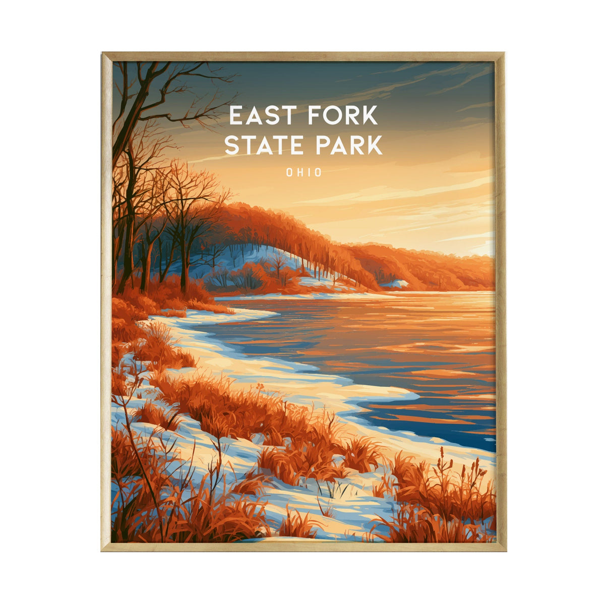 A vibrant poster of East Fork State Park in Ohio, featuring a serene lakeside view at sunset. The artwork showcases rolling hills with autumn-colored foliage reflecting in the calm waters of Harsha Lake, creating a tranquil atmosphere.