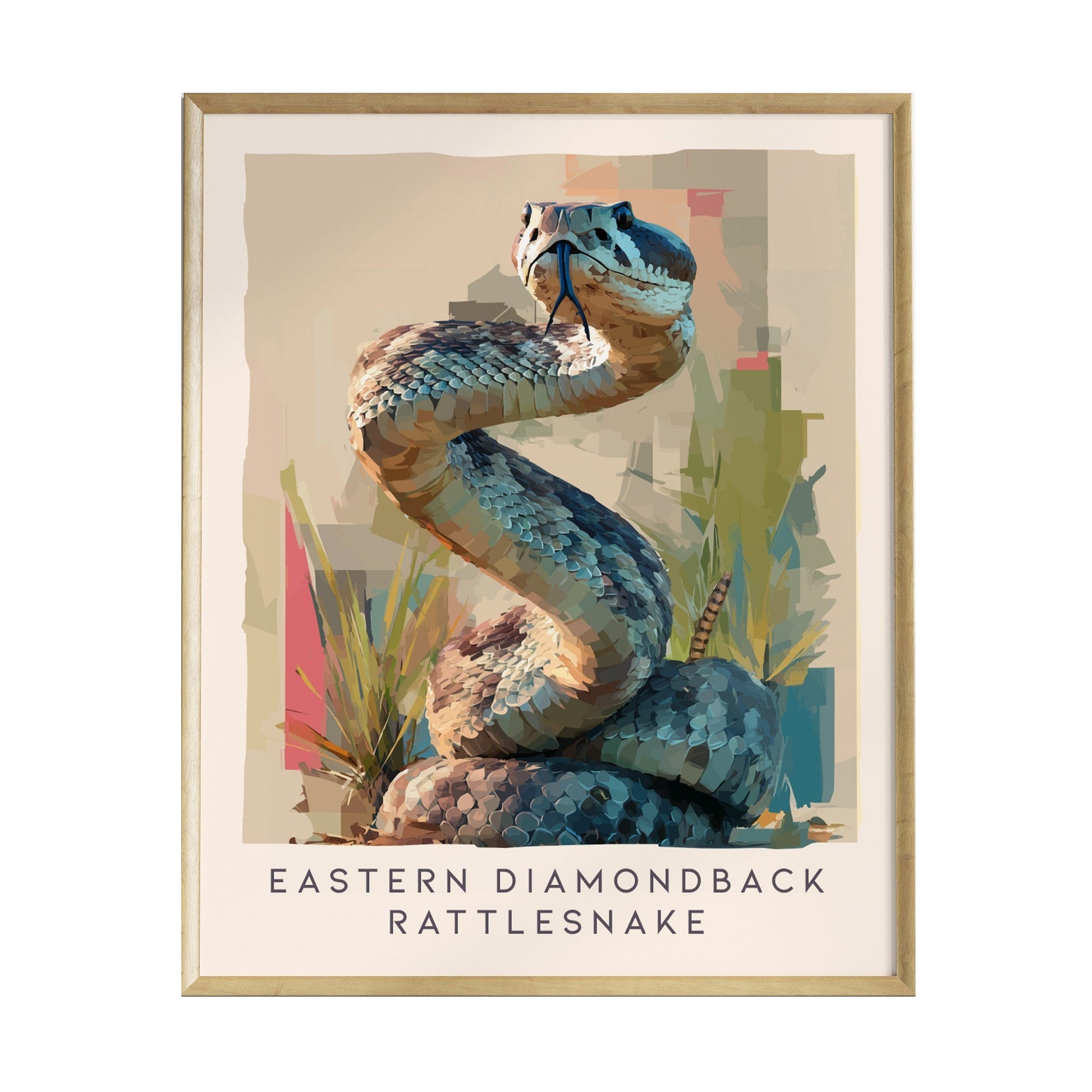 A modern illustration of an Eastern Diamondback Rattlesnake is displayed in a stylish frame. The snake is coiled in a dynamic pose, showcasing painterly textures and earthy desert colors against a soft, abstract background.