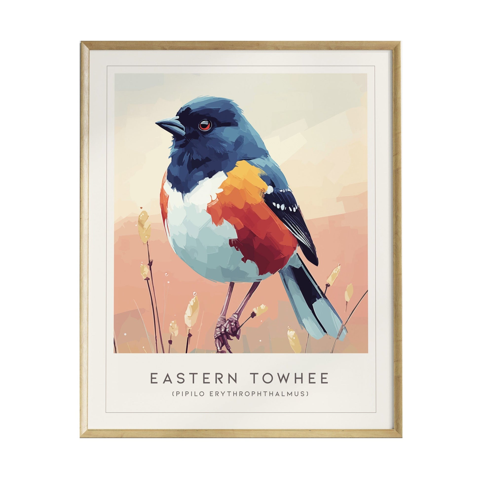 A colorful illustration of an Eastern Towhee bird, showcasing its vibrant plumage with bold black, rufous, and white feathers. The artwork features a soft pastel background, enhancing the birds striking appearance.