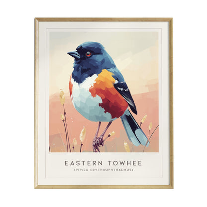 A colorful illustration of an Eastern Towhee bird, showcasing its vibrant plumage with bold black, rufous, and white feathers. The artwork features a soft pastel background, enhancing the birds striking appearance.