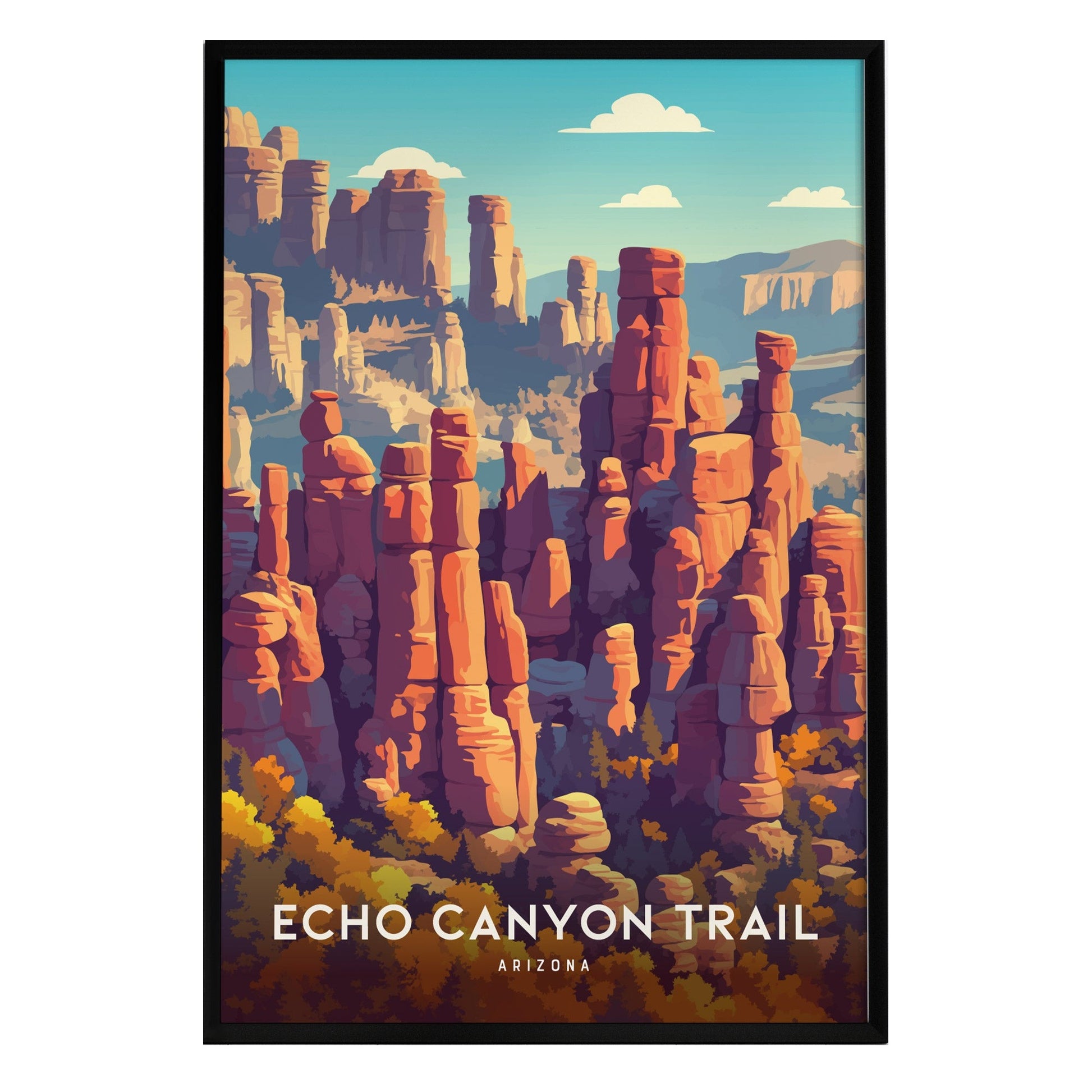 Framed wall art featuring a stylized illustration of Echo Canyon Trail in Arizona, showcasing towering red rock formations against a vibrant blue sky with soft clouds.