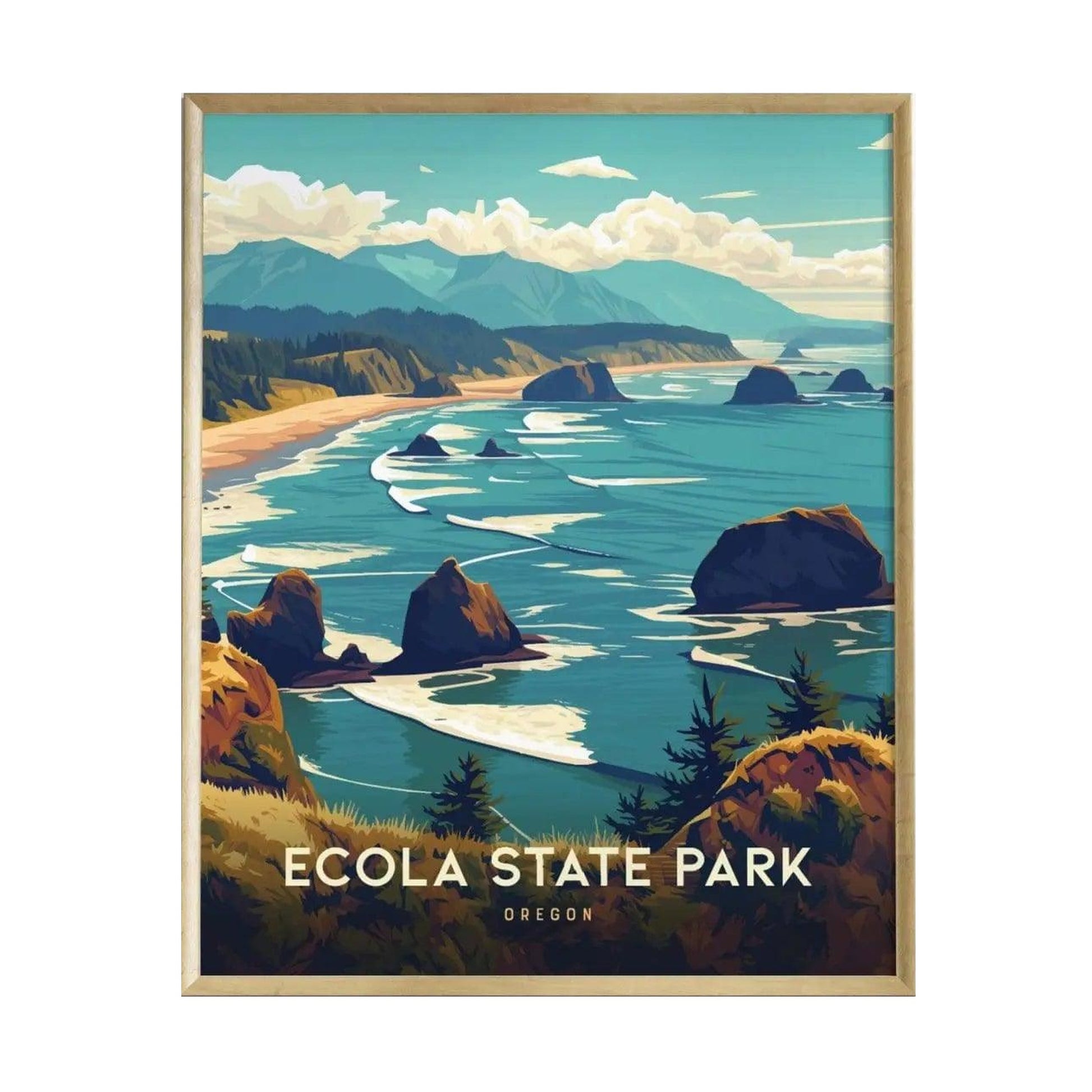 A vibrant illustration of Ecola State Park, showcasing lush green headlands and rugged cliffs along the Oregon coast. The artwork features deep blue waves crashing on the shore, with distant mountains under a bright sky, framed elegantly.