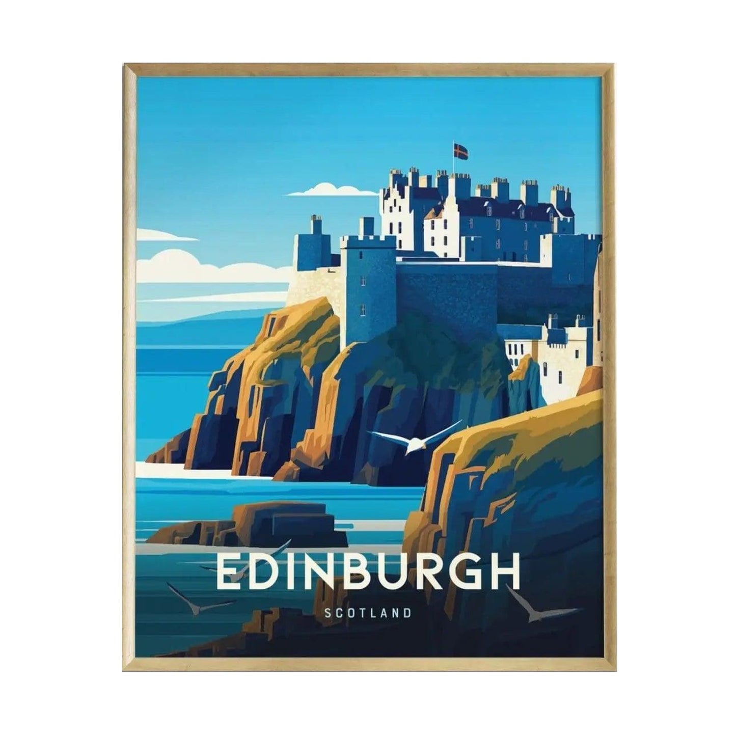 A vibrant travel poster depicting Edinburgh Castle perched on a rocky cliff, surrounded by blue waters and a clear sky. The artwork features stylized waves and seagulls, with EDINBURGH prominently displayed at the bottom.