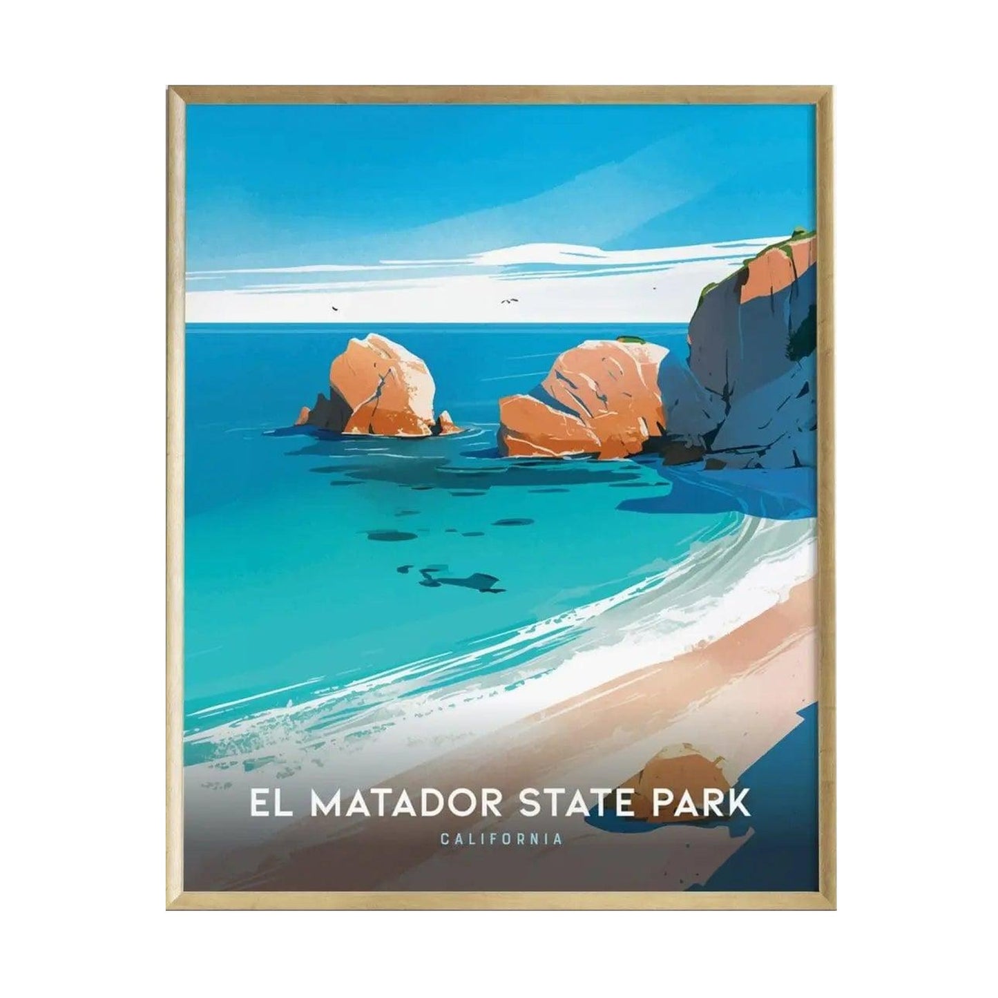 A colorful illustration of El Matador State Park showcasing its dramatic cliffs and clear turquoise waters.