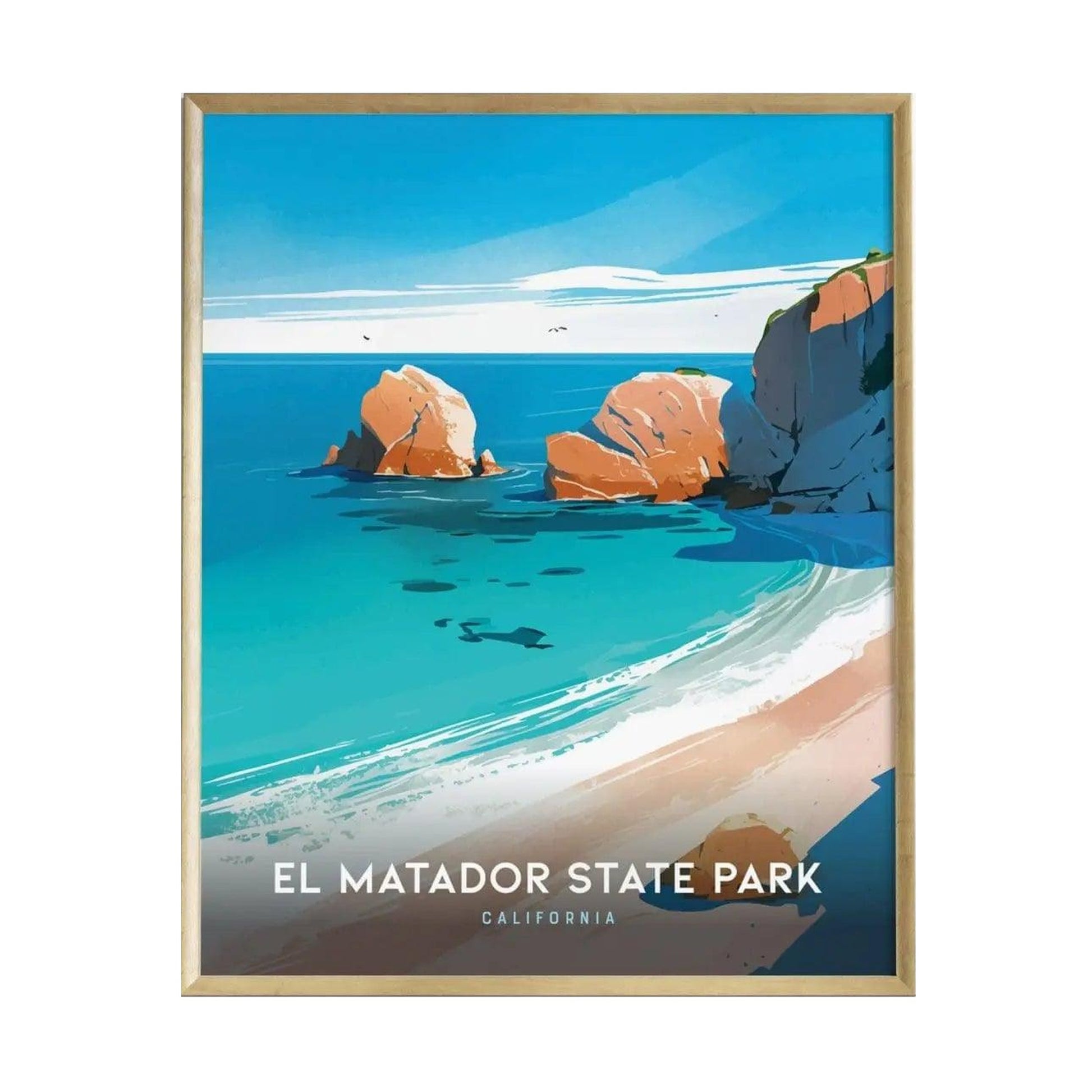 A colorful illustration of El Matador State Park showcasing its dramatic cliffs and clear turquoise waters.