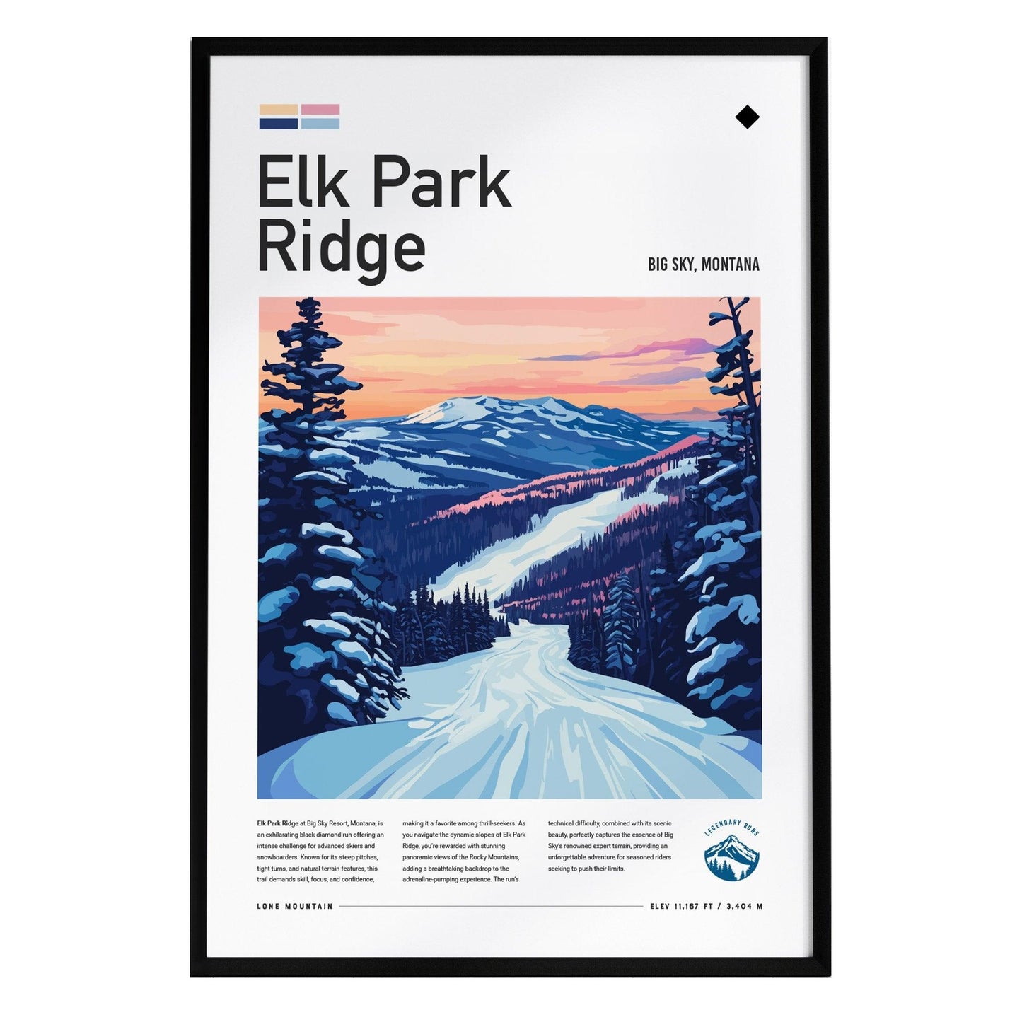 A framed poster titled Elk Park Ridge features a stunning illustration of snow-covered mountains at Big Sky, Montana. The scene captures a winding ski trail amidst tall pine trees, with a colorful sunset illuminating the sky.