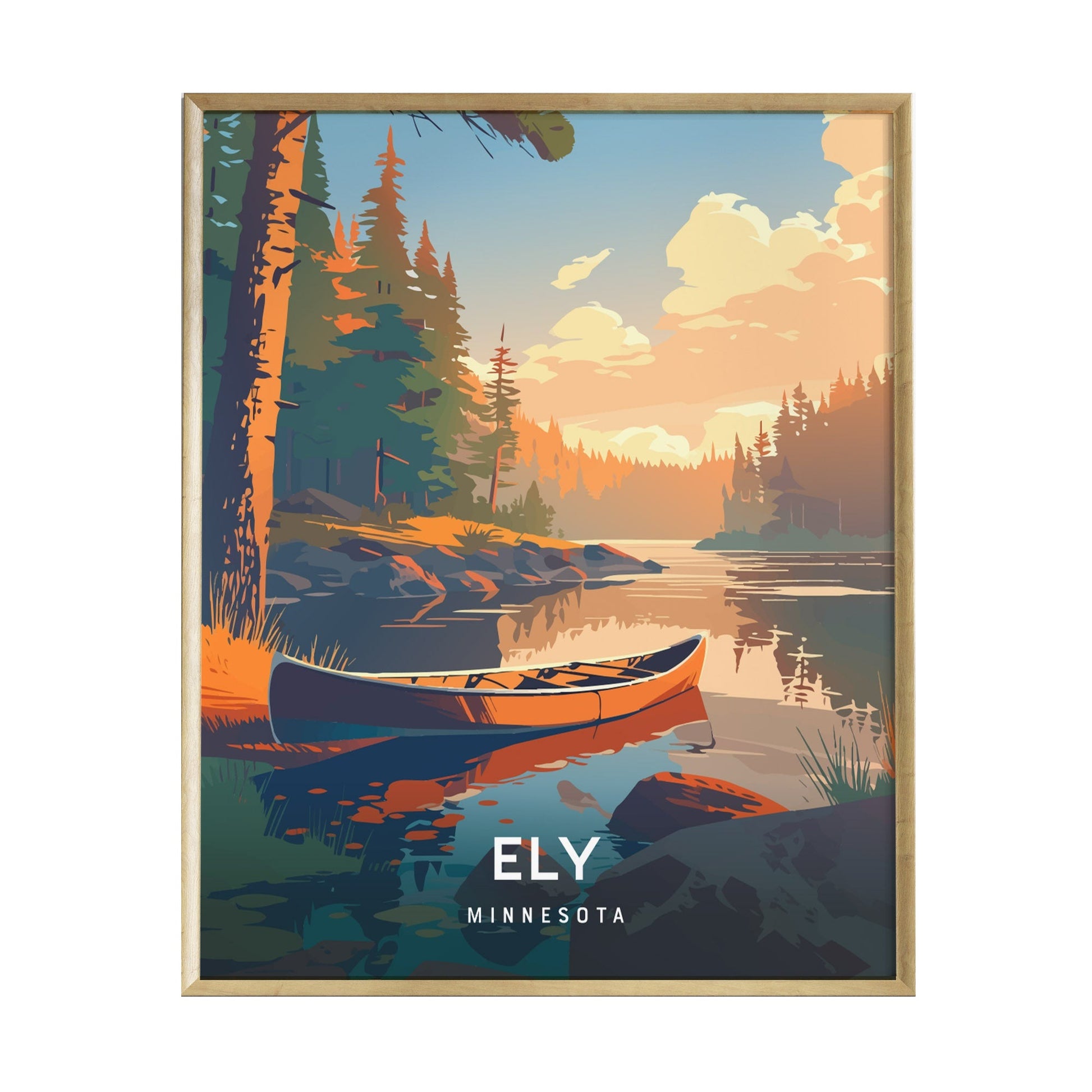 A vibrant illustration of a serene lake at sunset, featuring a red canoe resting on the shore. Tall pine trees frame the scene, and the warm golden light reflects off the water, capturing the essence of Ely, Minnesota.