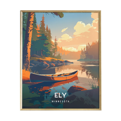 A vibrant illustration of a serene lake at sunset, featuring a red canoe resting on the shore. Tall pine trees frame the scene, and the warm golden light reflects off the water, capturing the essence of Ely, Minnesota.
