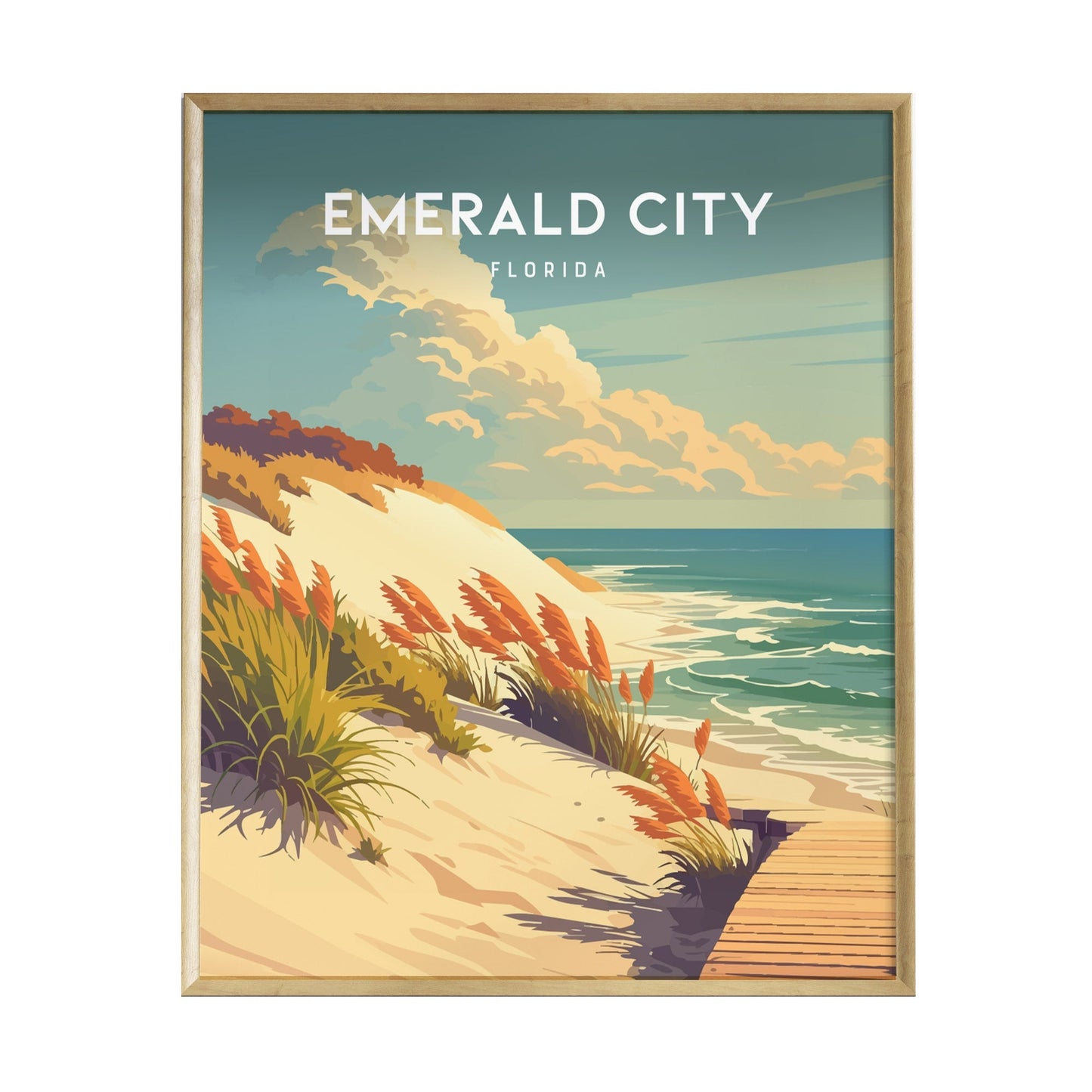A framed poster featuring a coastal scene of Emerald City, Florida, showcasing sandy dunes, vibrant orange grasses, and gentle waves lapping at the shore under a bright sky with fluffy clouds.