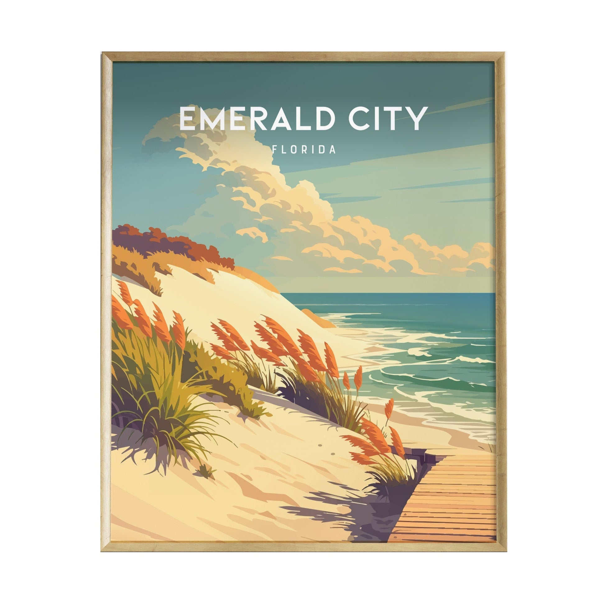 A framed poster featuring a coastal scene of Emerald City, Florida, showcasing sandy dunes, vibrant orange grasses, and gentle waves lapping at the shore under a bright sky with fluffy clouds.