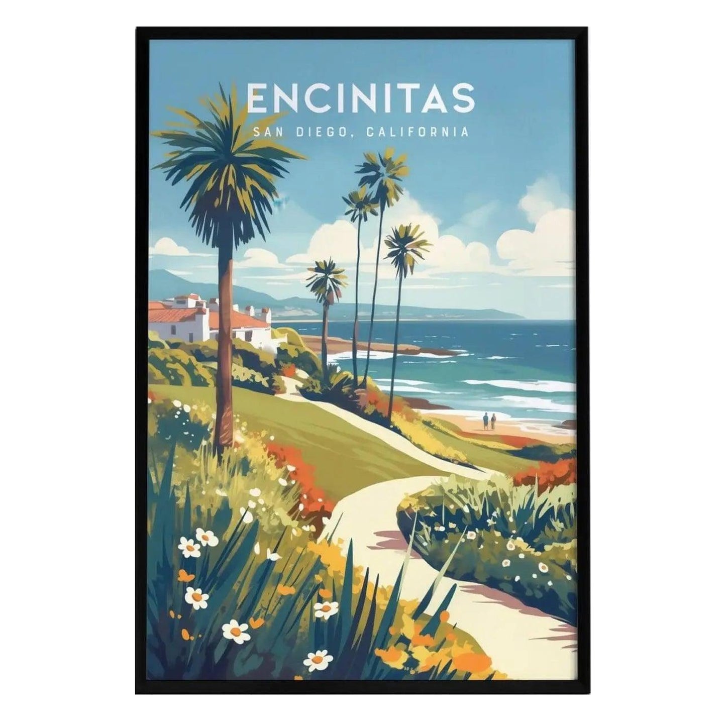 A colorful illustration of a coastal scene in Encinitas, California, featuring palm trees, a winding path, and a view of the ocean. The artwork captures the vibrant beach lifestyle with bright flowers and a sunny sky.