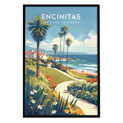 A colorful illustration of a coastal scene in Encinitas, California, featuring palm trees, a winding path, and a view of the ocean. The artwork captures the vibrant beach lifestyle with bright flowers and a sunny sky.