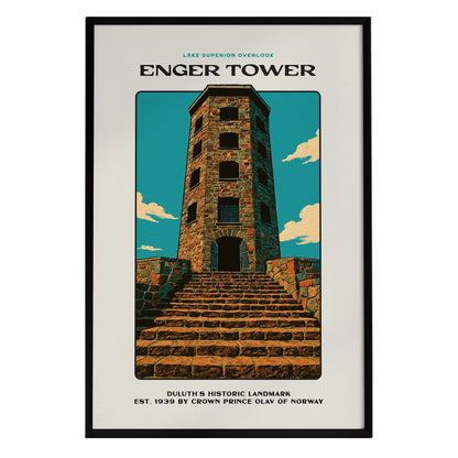 A vintage-style poster of Enger Tower in Duluth, Minnesota, showcasing the stone observation tower with a staircase leading up to it. The illustration features bold colors and clean lines, set against a bright blue sky with fluffy clouds.