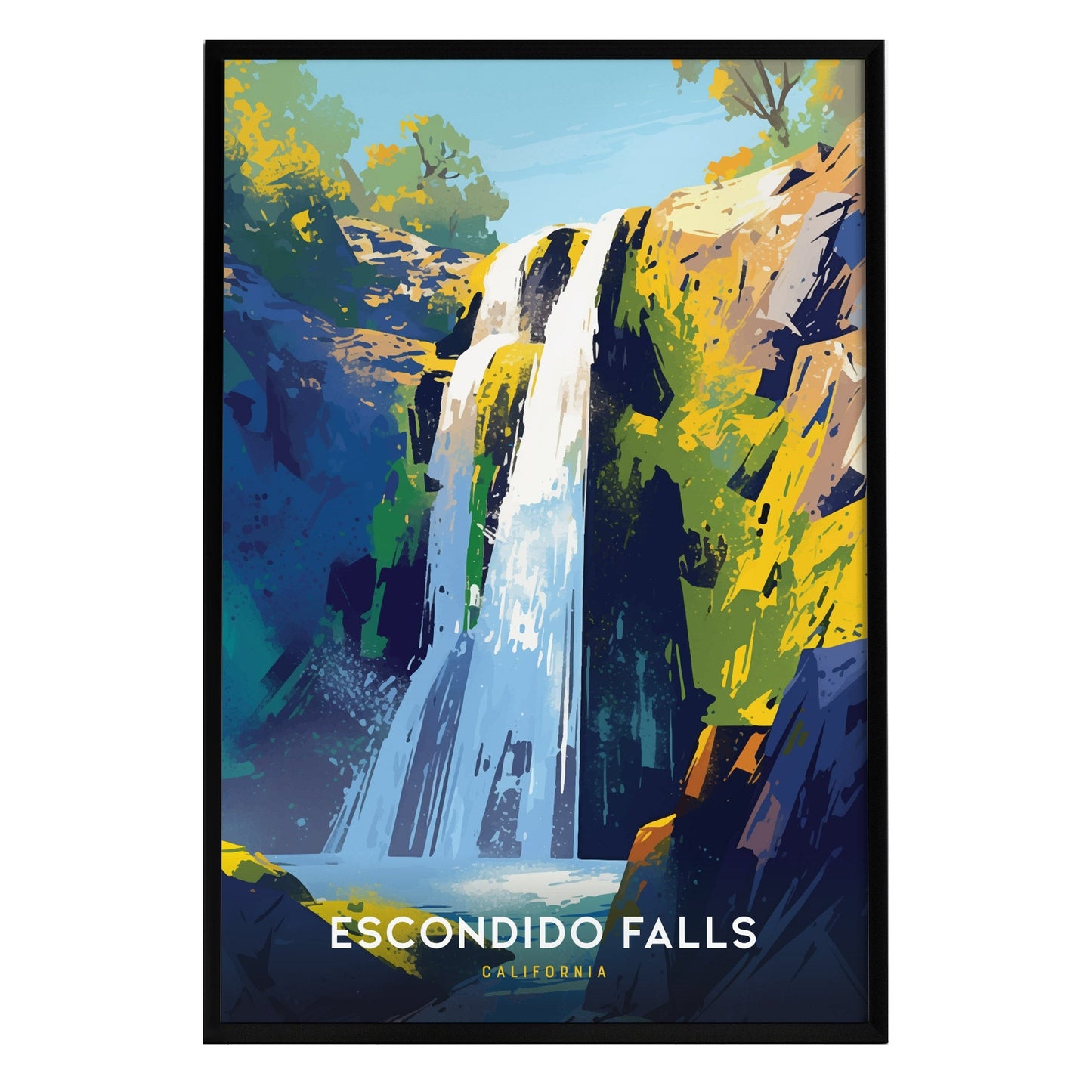 A vibrant art print of Escondido Falls showcases the waterfall cascading down rocky cliffs, surrounded by lush greenery and colorful foliage.