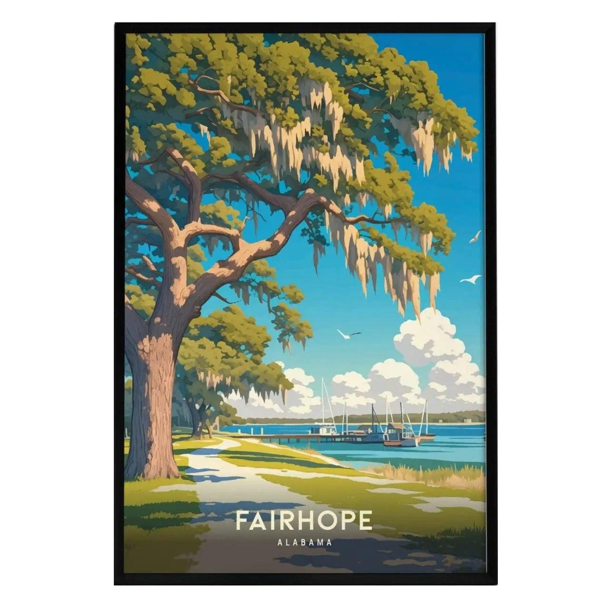 A vibrant illustration of Fairhope, Alabama, showcasing a majestic Southern live oak tree draped in Spanish moss, alongside tranquil waters of Mobile Bay and sailboats in the distance. The artwork captures the charm of this coastal town.