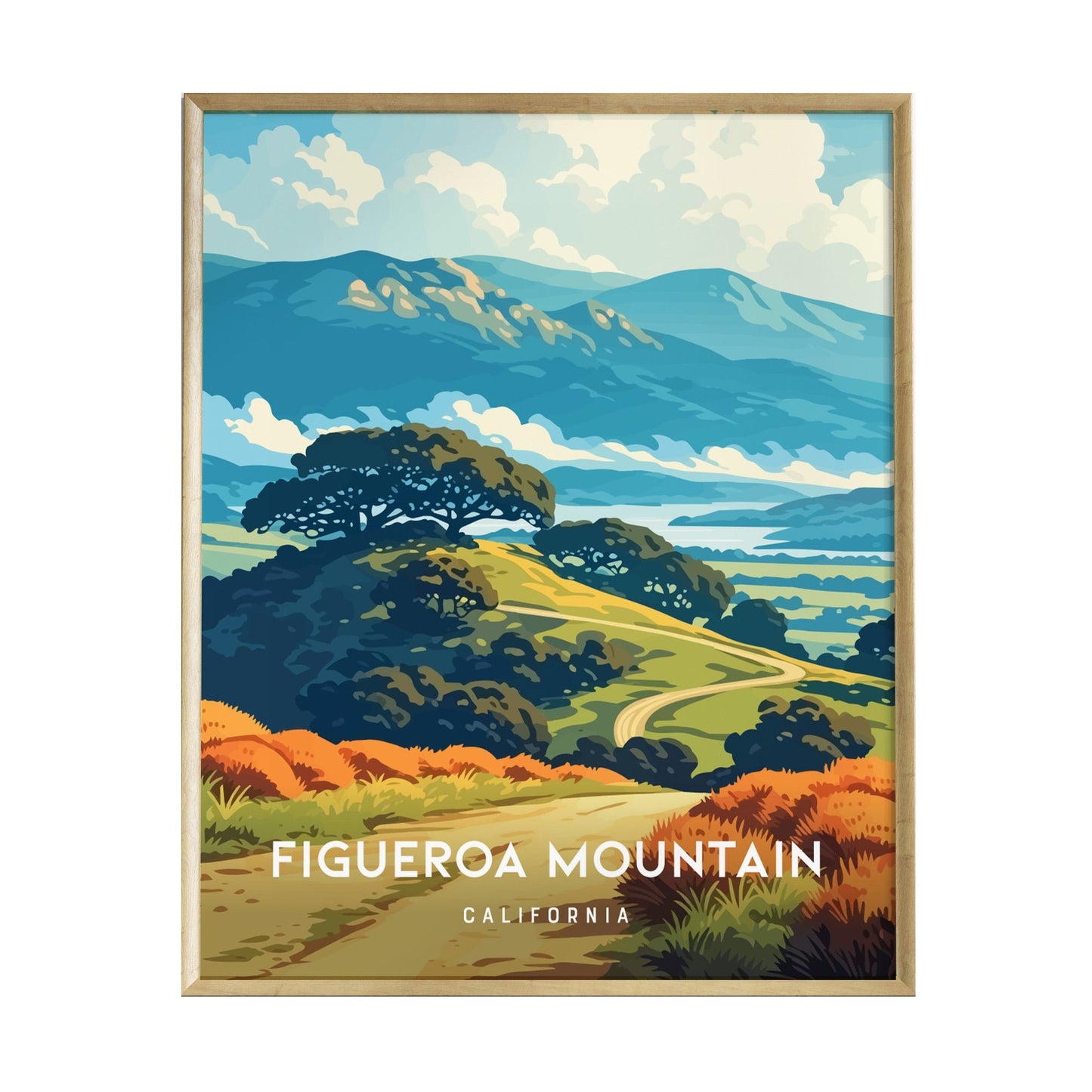 A vibrant illustration of Figueroa Mountain in California showcases rolling hills and lush greenery under a bright blue sky.