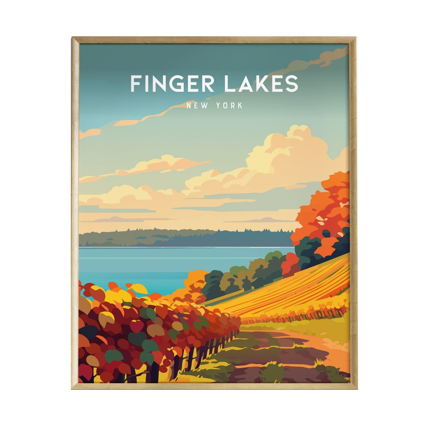 A vibrant illustration of the Finger Lakes in New York, showcasing colorful vineyard rows leading to serene waters.
