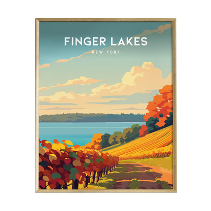 A vibrant illustration of the Finger Lakes in New York, showcasing colorful vineyard rows leading to serene waters.
