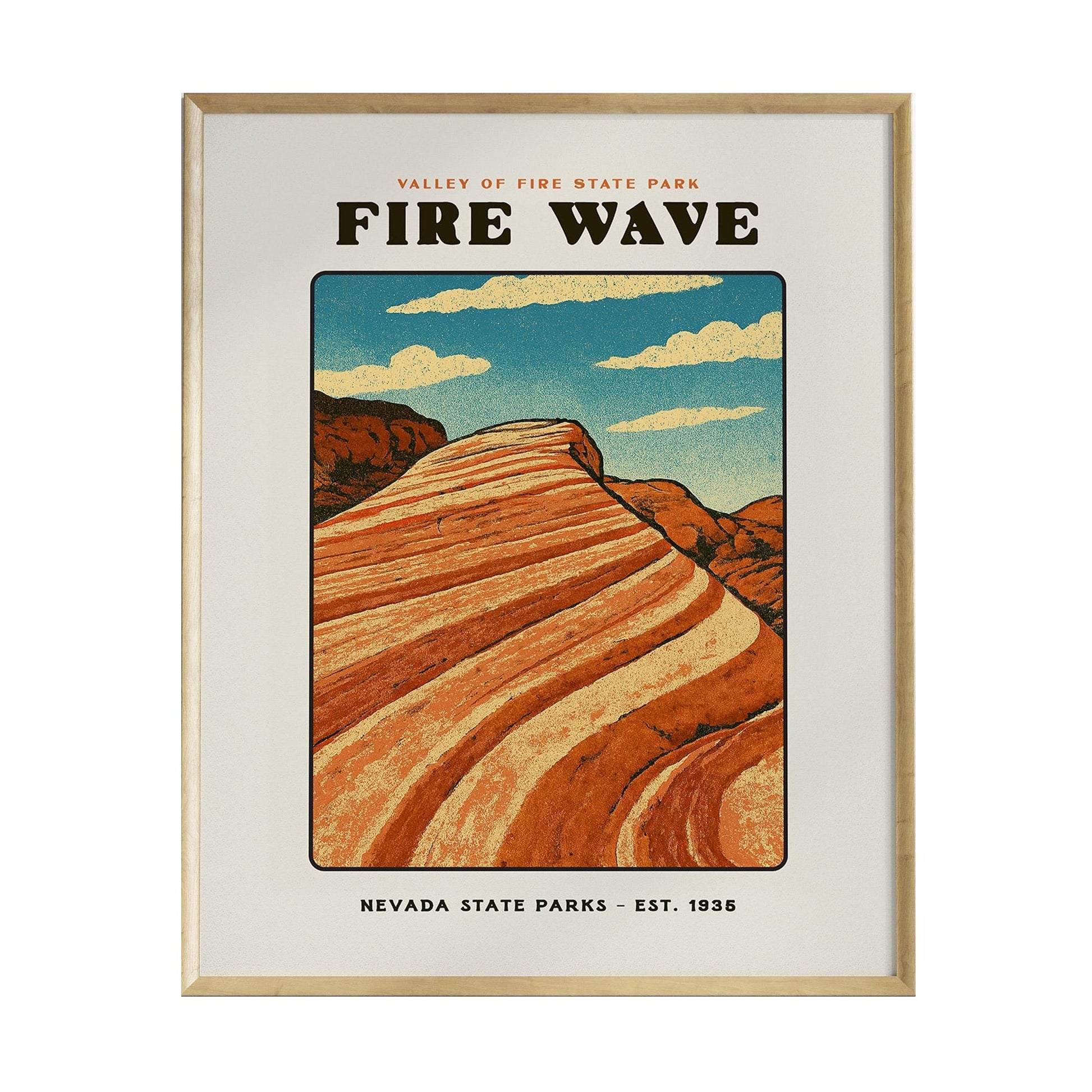 A vintage-style poster of the Fire Wave in Valley of Fire State Park, featuring bold, colorful stripes of red and orange rock formations under a blue sky with fluffy clouds.