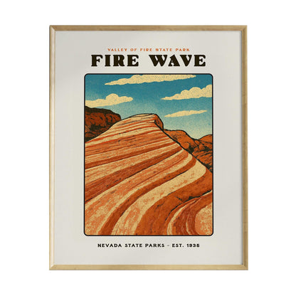 A vintage-style poster of the Fire Wave in Valley of Fire State Park, featuring bold, colorful stripes of red and orange rock formations under a blue sky with fluffy clouds.