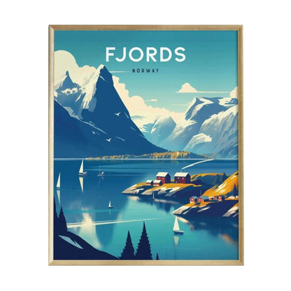 A vibrant illustration of Norways fjords, featuring towering mountains and serene blue waters. Sailboats glide across the water, while colorful cabins dot the landscape, framed by lush greenery and dramatic peaks under a clear sky.