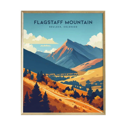 A vibrant poster of Flagstaff Mountain in Boulder, Colorado, featuring stylized mountains in shades of blue and orange, with a foreground of lush trees and rolling hills.