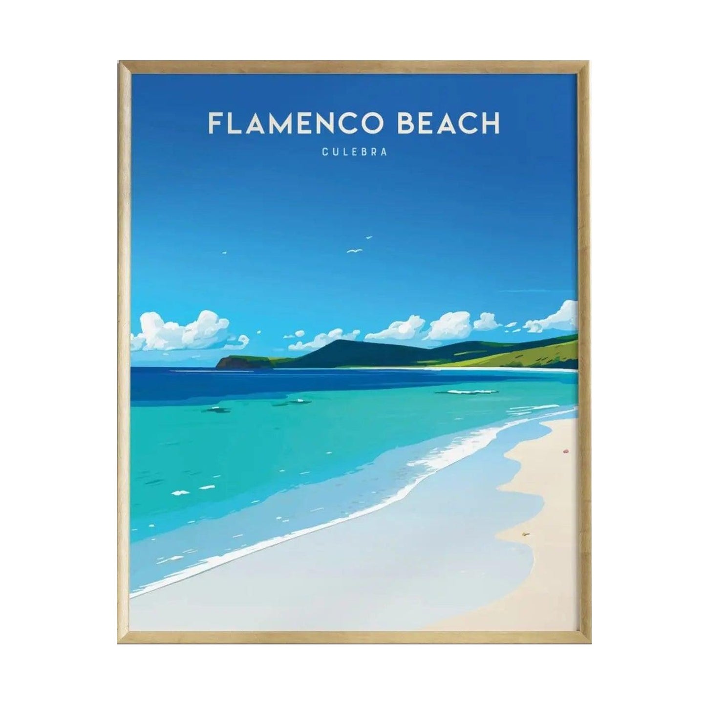 A vibrant illustration of Flamenco Beach in Culebra, Puerto Rico, showcasing powder-white sands and turquoise waters under a bright blue sky. The artwork captures the serene beauty of this tropical paradise, framed elegantly.