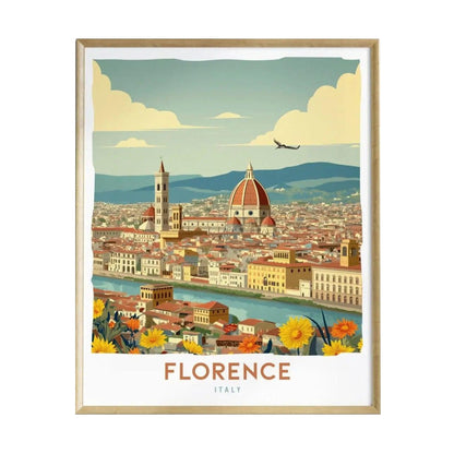 A vibrant poster depicting a panoramic view of Florence, Italy, showcasing the iconic dome of the Florence Cathedral surrounded by picturesque buildings and lush hills.