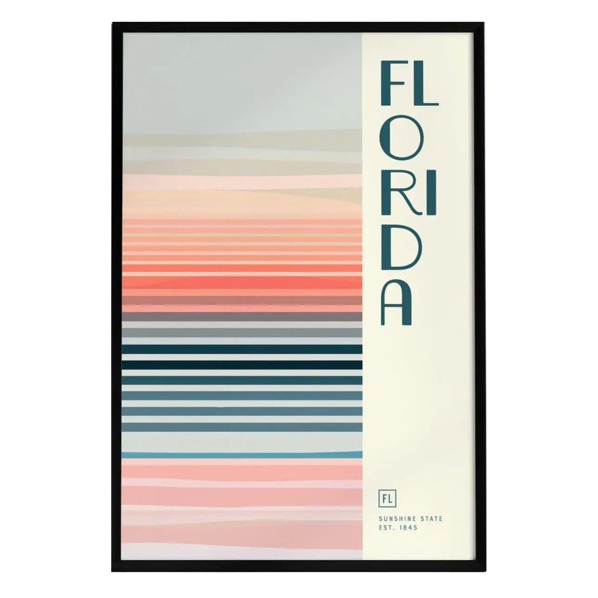 A minimalist poster showcasing the word FLORIDA in bold, modern typography, accompanied by soft pastel stripes in shades of pink, blue, and beige. The design evokes a serene, beach-inspired aesthetic.