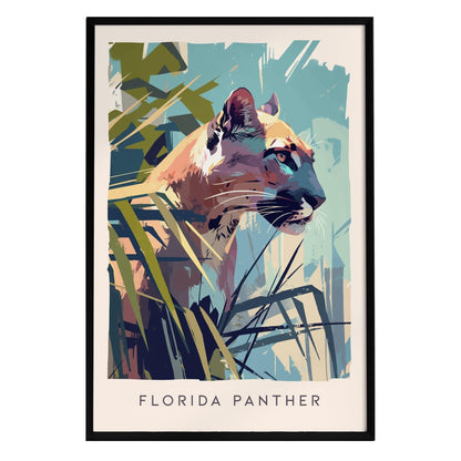 A colorful illustrated poster of a Florida Panther, featuring a close-up profile of the big cat among vibrant green foliage.