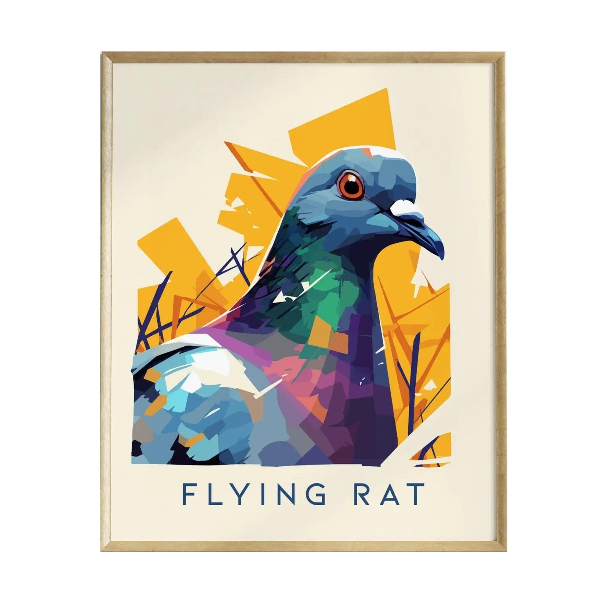 A modern, vector-style portrait of a pigeon, highlighted in vibrant colors, dominates the image. The background features abstract shapes in yellow and blue, with the text FLYING RAT prominently displayed at the bottom.