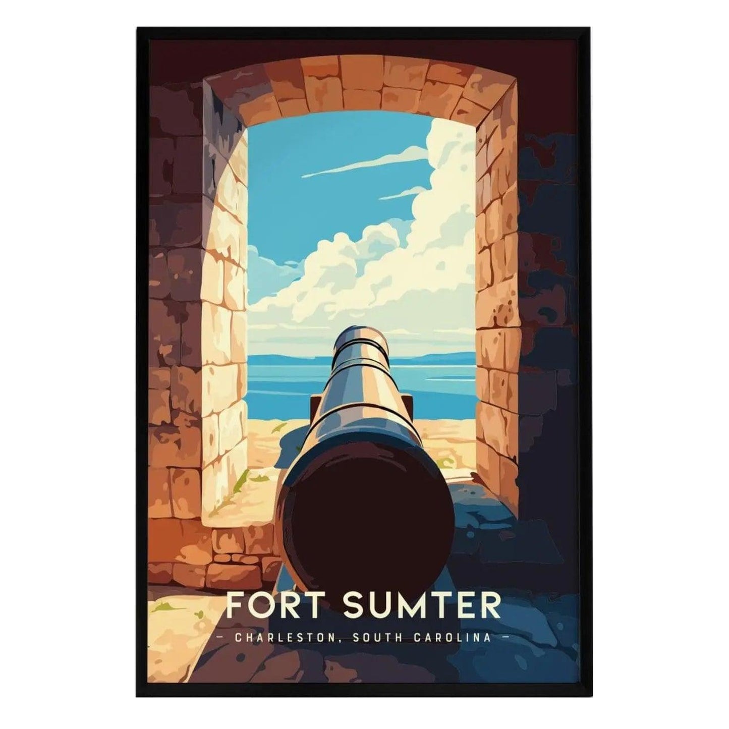 A minimalist art print depicts a cannon positioned within the stone walls of Fort Sumter, framed by an archway. The vibrant coastal sky, featuring fluffy clouds, enhances the historic atmosphere of Charleston, South Carolina.