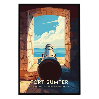 A minimalist art print depicts a cannon positioned within the stone walls of Fort Sumter, framed by an archway. The vibrant coastal sky, featuring fluffy clouds, enhances the historic atmosphere of Charleston, South Carolina.