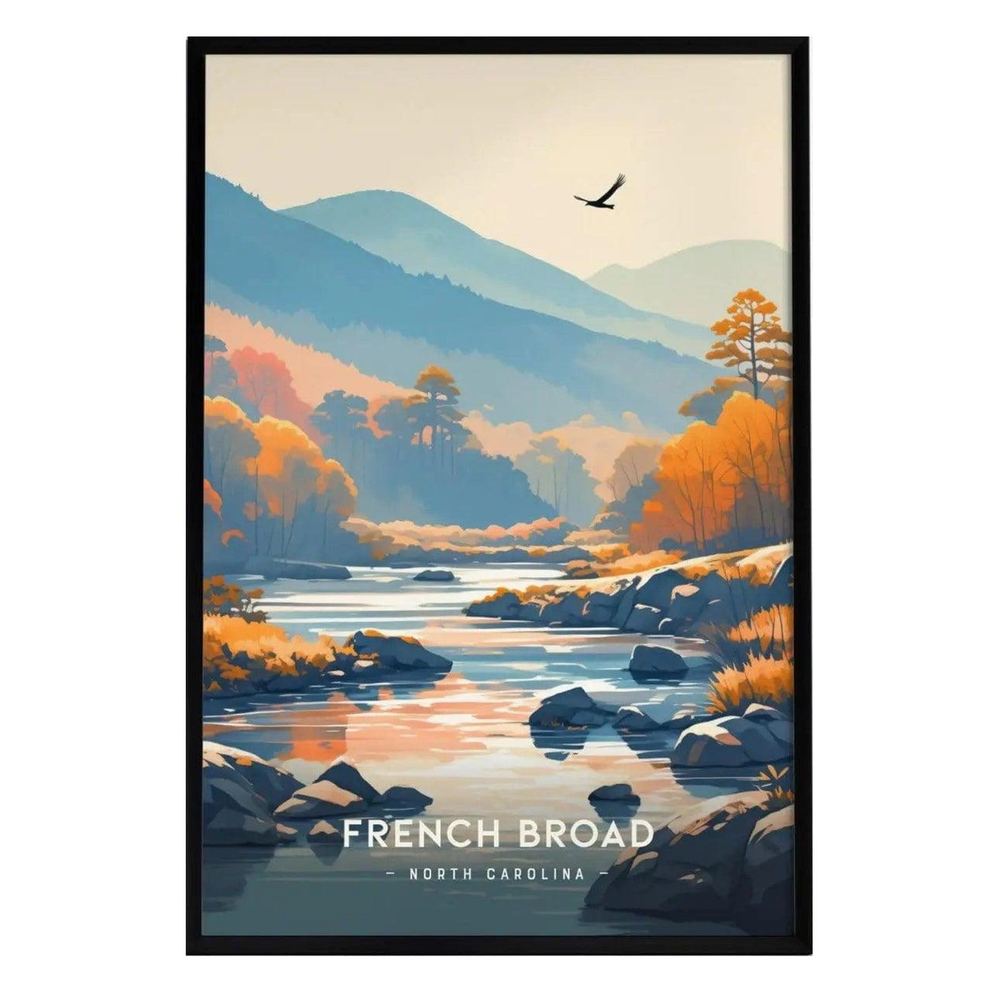 A framed poster depicting the serene French Broad River in North Carolina, surrounded by autumn-hued trees and mountains.