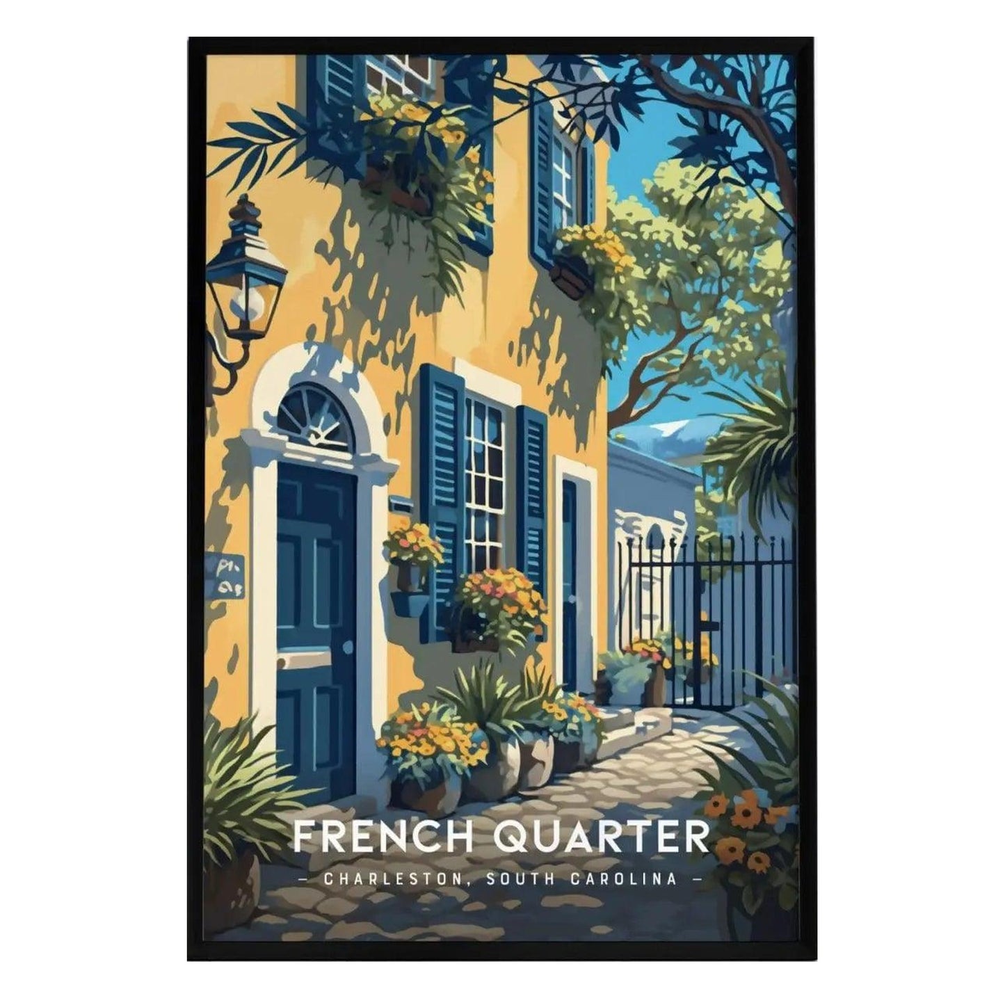 A vibrant poster depicting the charming architecture of Charlestons French Quarter, featuring a yellow building with blue shutters and a cobblestone path lined with potted plants and flowers.